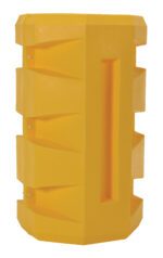 The Vestil Column Protector 9 In Round is a bright yellow, rectangular plastic barrier designed with horizontal grooves and a vertical indented handle. Its geometric form makes it perfect for safety or traffic control needs.