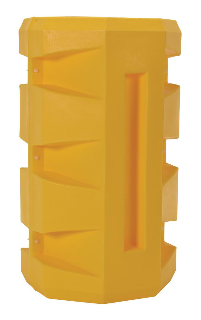 VB-9R_A.jpg The Vestil Column Protector 9 In Round is a bright yellow, rectangular plastic barrier designed with horizontal grooves and a vertical indented handle. Its geometric form makes it perfect for safety or traffic control needs.