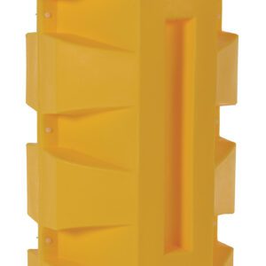 The Vestil Column Protector 9 In Round is a bright yellow, rectangular plastic barrier designed with horizontal grooves and a vertical indented handle. Its geometric form makes it perfect for safety or traffic control needs.
