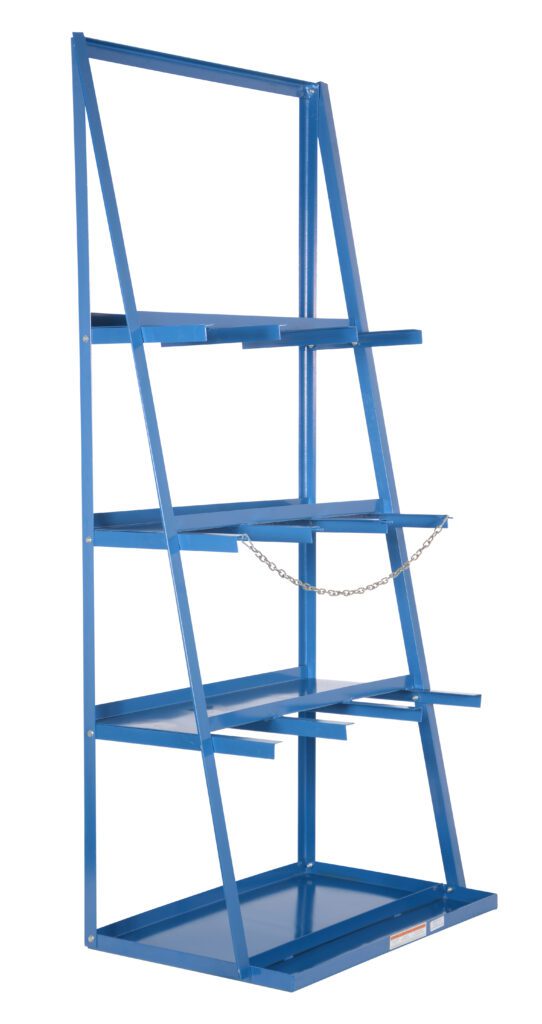 VBR-9_A.jpg The tall blue metal shelf rack with four slanted shelves and a chain across the middle shelf mirrors the robust design of the Vestil Vertical Bar Rack 39.375 X 24.125 X 84, offering a sturdy frame ideal for storage or display with functional style.