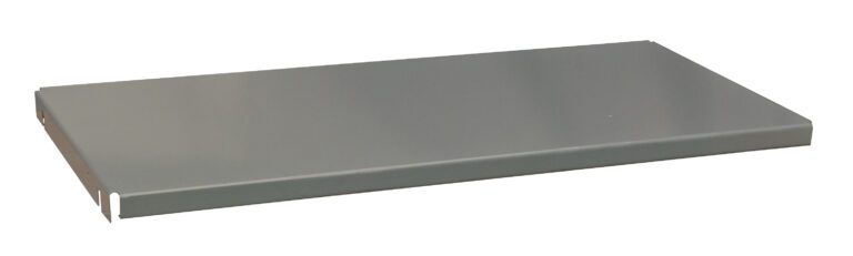 A flat, gray metal shelf from the Vestil Shelf-Bin Storage Cabinet 16.38 X 35.5 features uniform thickness, measures 16.38 x 35.5 inches, and includes two small notches on one edge.