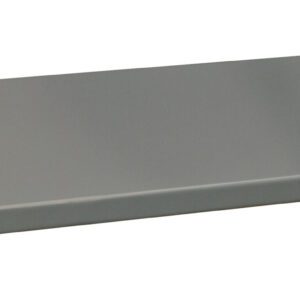 A flat, gray metal shelf from the Vestil Shelf-Bin Storage Cabinet 16.38 X 35.5 features uniform thickness, measures 16.38 x 35.5 inches, and includes two small notches on one edge.