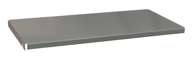 A flat, rectangular gray metal shelf from the Vestil Shelf-Bin Storage Cabinet 16.38 X 47.5 is viewed from a slightly elevated angle. It measures 16.38 x 47.5 inches and features smooth edges with hooks for easy attachment, gently reflecting light on its surface.
