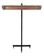 The Vestil Portable Infrared Spot Heater 5120 Btu is a standing electric heater with a slim red heating element. Its mounted on a tall, black wheeled stand for easy mobility and has a neutral-colored rectangular frame, making it ideal for any space.