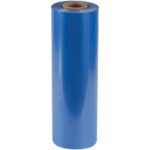 A large blue roll of MH-USA 20 x 500 - 4 Mil VCI Poly Sheeting stands upright on a white background, with its brown core visible at both ends and the glossy surface reflecting light.