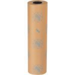The MH-USA 24 x 200 yds. VCI Paper roll stands upright, featuring blue designs on its brown surface. Its robust 30 lb. build makes it ideal for versatile applications, with the core visible at the top of this industrial roll.