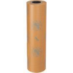 A large roll of MH-USA 24 x 200 yds. VCI Paper 30 lb. Waxed Industrial Roll stands upright against a white background, featuring blue logos across its brown waxed surface.