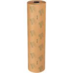 The MH-USA 36 x 400 yds. Heavy Duty VCI Paper Roll (1 Roll/Case) stands vertically, showcasing a brown paper roll with a repeating green logo or text pattern and featuring a black core on top against a white background.