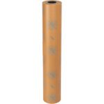 The MH-USA 36 x 200 yds. VCI Paper 30 lb. Waxed Industrial Roll stands upright, showcasing a solid core and blue recycling symbols along its length against a white backdrop.