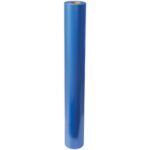 A large roll of MH-USA 48 x 500 - 4 Mil VCI Poly Sheeting in blue is upright against a white background.