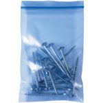 A transparent blue plastic bag, akin to the MH-USA 6 x 8 - 4 Mil VCI Reclosable Poly Bag (1000/Case), contains several metal screws of differing sizes and threading patterns.