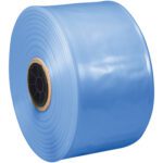 A large roll of glossy blue plastic tubing, MH-USA 4 x 500 - 4 Mil VCI Poly Tubing (500/Roll), is tightly wound around a cardboard core and beautifully reflects light with the edge facing forward.