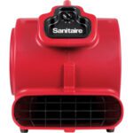 The Sanitaire® DRY Time™ Portable Blower, with a red design and black top control panel, is compact, sturdy, and ideal for efficiently drying floors and carpets.