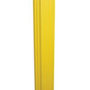 The Vestil Yellow Square Column Wrap 11 In features a tall design with vertical grooves, fitting snugly around 11-inch square posts. Its bright yellow finish offers safety and impact protection, while the top securely hugs a red-brown post.