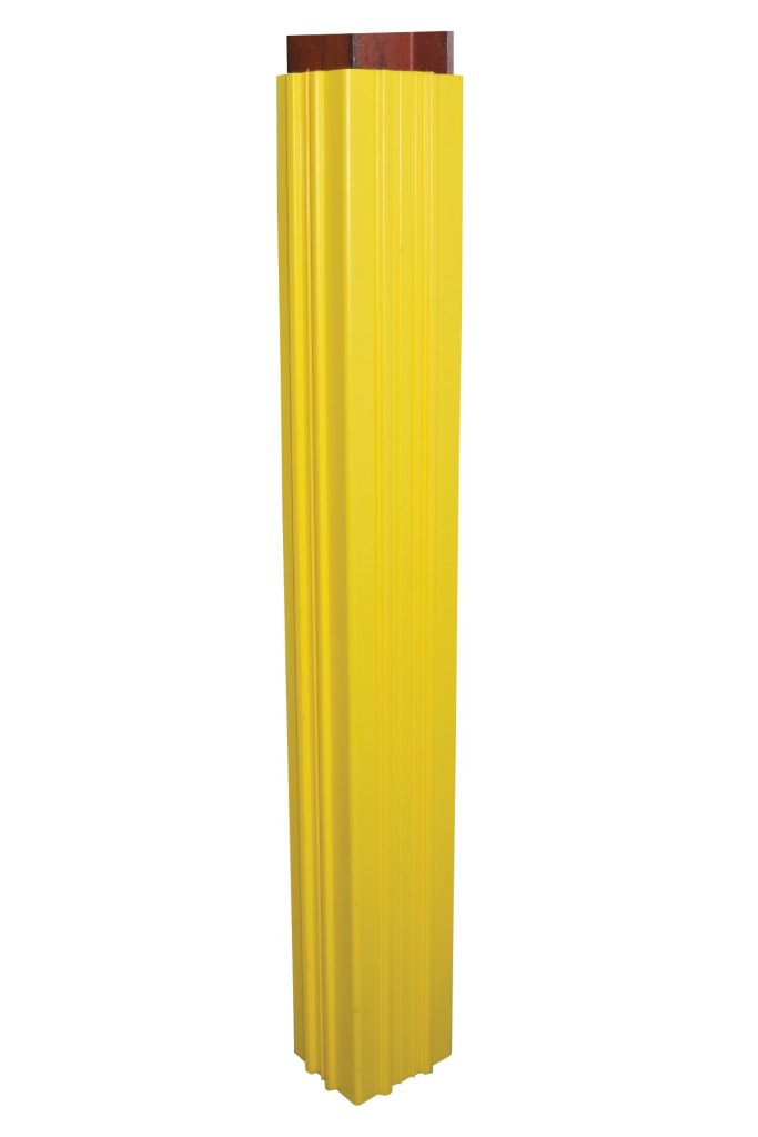 The Vestil Yellow Square Column Wrap 20 In is a tall, yellow, rectangular plastic post protector with vertical grooves. It has an open top revealing a brown interior and fits snugly around posts for enhanced safety.