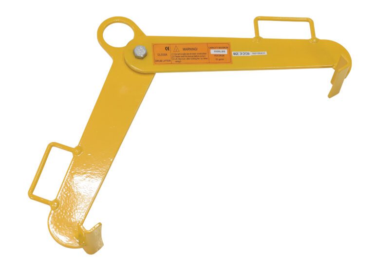 The Vestil Vertical Drum Clamp W/ 1000 Lb Capacity is a yellow metal lifting tool with dual hooks and a bolt, featuring a safety warning label. Its designed for hoisting heavy items and includes side handles for ease of maneuverability.
