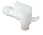 The Vestil Drum Faucet Non-Adjustable 3/4 Bung includes a white plastic spigot with a short threaded end and lever handle for easy flow control. Its tapered spout design ensures precise pouring, delivering reliable performance without adjustability.