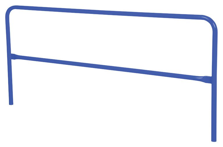 VDKR-10-BL_A.jpg The blue metal bed rail, featuring a rectangular frame and central horizontal support bar, is reminiscent of the robust design seen in the Vestil Steel Pipe Safety Railing 120 In Length Blue.