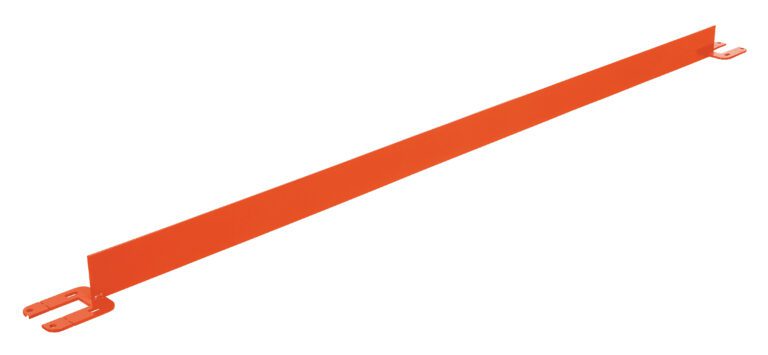 The 120-inch orange Vestil Toeboard for Pipe Safety Railing features a flat rectangular shape with two brackets on each end for mounting, set against a plain white background. Ideal for structural or industrial use.