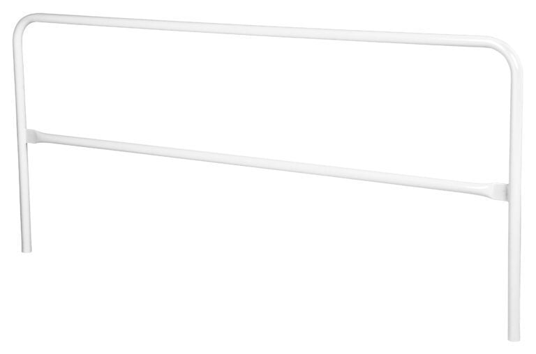 VDKR-10-WT_A.jpg White metal bed headboard frame with a simple, minimalist design similar to the Vestil Steel Pipe Safety Railing 120 In Length White. Featuring rounded corners, two vertical legs topped with a horizontal bar, and a central support bar. Set against a plain white background.