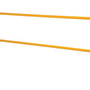 The Vestil Steel Pipe Safety Railing, 120 inches long, is a yellow metal guardrail with two horizontal bars that stands out against a white background.