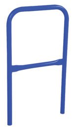 The Vestil Steel Pipe Safety Railing, 24 inches long, features a blue metal rectangular shape with rounded corners and an extra middle horizontal bar.