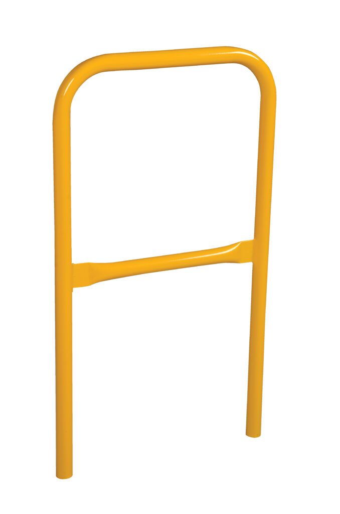 VDKR-2_A.jpg The Vestil Steel Pipe Safety Railing 24 In Length is a yellow metal barrier with two vertical bars, a rounded top, and a central horizontal support bar for added stability.