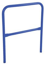 A blue metal bed rail, similar in design to the Vestil Steel Pipe Safety Railing 36 In Length Blue, features two vertical legs and a horizontal bar near the top with another midway for support. Its simple construction ensures safety and stability when secured to a bed.