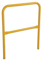 The Vestil Steel Pipe Safety Railing (36) is a yellow metal rail featuring two vertical legs, a horizontal top bar, and a middle support bar for enhanced durability and effective barricading.