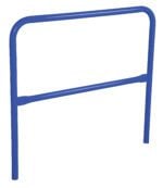 The blue Vestil Steel Pipe Safety Railing, 48 inches long, features a rectangular design with rounded top corners and a horizontal bar. It stands on two solid legs, serving as a crucial protective barrier or support.