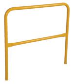 A yellow metal barrier with rounded top corners, a horizontal support bar near the bottom, and two legs against a white background resembles the robust design of the Vestil Steel Pipe Safety Railing 48 In Length.