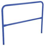 The Vestil Steel Pipe Safety Railing, a 60-inch blue metal guard, has a simple rectangular design with a curved top bar and horizontal support. Its two vertical legs ensure secure attachment to any frame.