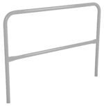 A sleek, gray metal bed headboard with a tubular design reminiscent of the Vestil Steel Pipe Safety Railing 60 In Length Silver. It features a rectangular frame and central horizontal support bar, offering a minimalist, modern look with silver tones throughout.