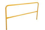 A yellow Vestil Steel Pipe Safety Railing, 84 inches long with two parallel bars, stands upright on a white background.