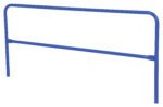The Vestil Steel Pipe Safety Railing 96 In Length Blue is a blue metal handrail with two vertical supports, a sturdy horizontal bar, and a mid-height brace in a simple rectangular structure designed to ensure safety and support.