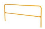 The yellow metal safety barrier resembles the Vestil Steel Pipe Safety Railing 96 In Length, featuring a simple rectangular frame with two horizontal bars and vertical legs, all on a plain white background.