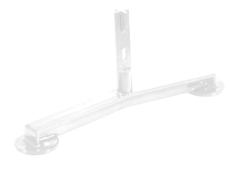 VDKR-BB-F-WT_A.jpg The Vestil White Pipe Railing Barricade Base W/Feet, resembling a T-shaped tool, features a metallic design with three suction cup bases and an adjustable height mechanism, ensuring stability and secure placement on flat surfaces.