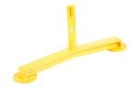 The Vestil Pipe Railing Barricade Base W/Feet has a T-shaped yellow metal frame with two round feet for stability and an upright slot for holding objects securely.