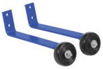Two blue metal L-shaped brackets similar to the Vestil Blue Pipe Railing Barricade Base W/Wheels have black wheels on one end and two mounting holes at the vertical end, perfect for guiding or supporting movement.