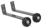 Two metal training wheels with black rubber tires and mounting brackets combine utility and style, echoing the Vestil Gray Pipe Railing Barricade Base W/Wheels. Aligned in tandem, they ensure dependable support for smooth maneuverability.
