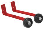 Red training wheels, similar to the Vestil Red Pipe Railing Barricade Base W/Wheels, have black rubber tires, silver metal axles, and red metal brackets with dual holes for secure mounting.