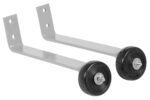 Two gray metal L-shaped brackets, akin to the Vestil Silver Pipe Railing Barricade Base W/Wheels, boast black rubber wheels on one end. These brackets have two mounting holes and are arranged side by side against a pristine white background.