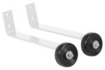 Two metal L-brackets with black wheels, like the Vestil White Pipe Railing Barricade Base W/Wheels, feature two mounting holes on the vertical section and a single wheel on the horizontal. When aligned parallel, they provide both stability and mobility.