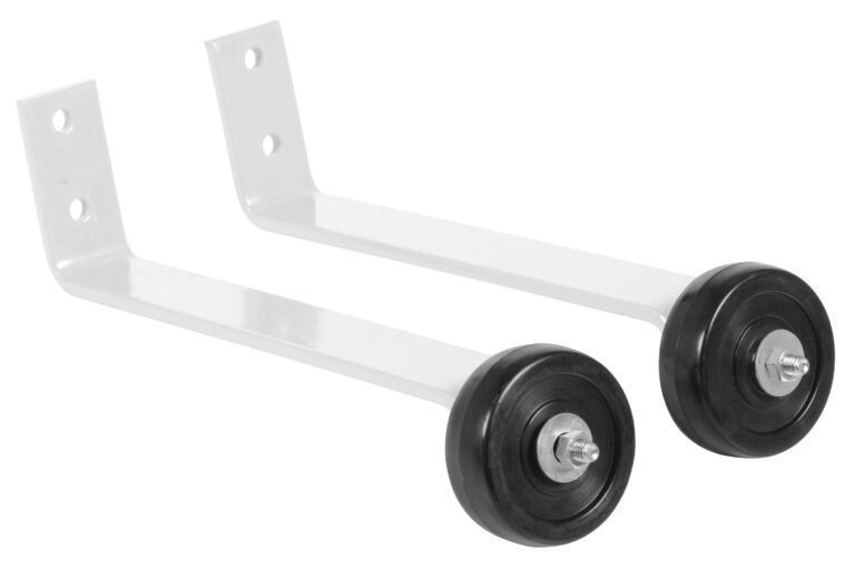 Two metal L-brackets with black wheels, like the Vestil White Pipe Railing Barricade Base W/Wheels, feature two mounting holes on the vertical section and a single wheel on the horizontal. When aligned parallel, they provide both stability and mobility.