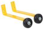 The Vestil Pipe Railing Barricade Base W/Wheels has two parallel yellow metal brackets with black rubber wheels on one end and right angle bends with mounting holes on the other.