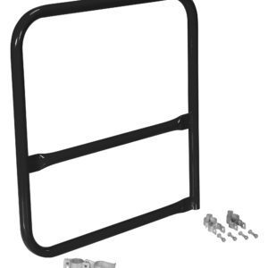 A sleek black metal frame, similar to a Vestil Black Pipe Safety Railing Gate-B Shaped 36X36, has two horizontal bars. Its paired with strong metal brackets and screws, all set against a sharp white background.