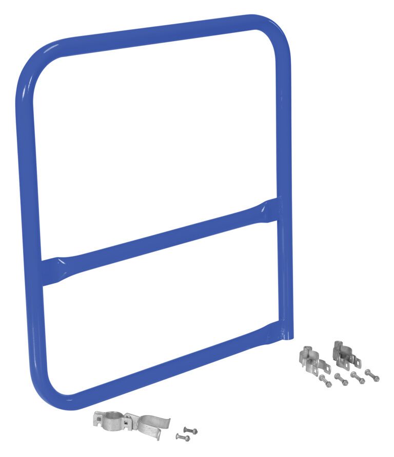 The Vestil Blue Pipe Safety Railing Gate features a B-shaped design with two horizontal bars and includes metal brackets and screws for easy assembly. It measures 36x36 and is pictured isolated on a white background.