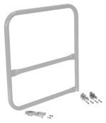 The Vestil Silver Pipe Safety Railing Gate-B Shaped 36X36 is a sleek gray metal bed rail with two horizontal bars, featuring two metal clamps and screws for easy installation, compactly displayed on a white background.