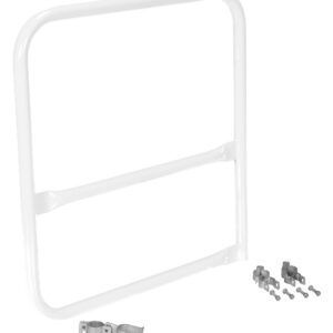 Displayed on a white background, the rectangular ladder rack with metal clamps and screws evokes the design of the Vestil White Pipe Safety Railing Gate-B Shaped 36X36, ensuring stability and security in a compact form.