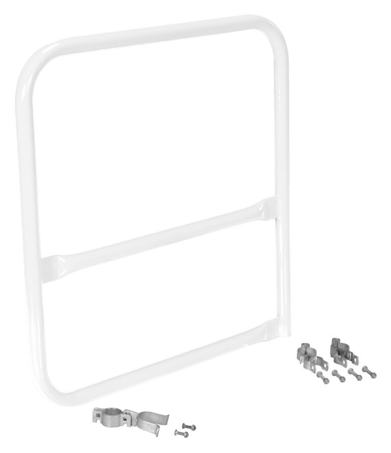 Displayed on a white background, the rectangular ladder rack with metal clamps and screws evokes the design of the Vestil White Pipe Safety Railing Gate-B Shaped 36X36, ensuring stability and security in a compact form.